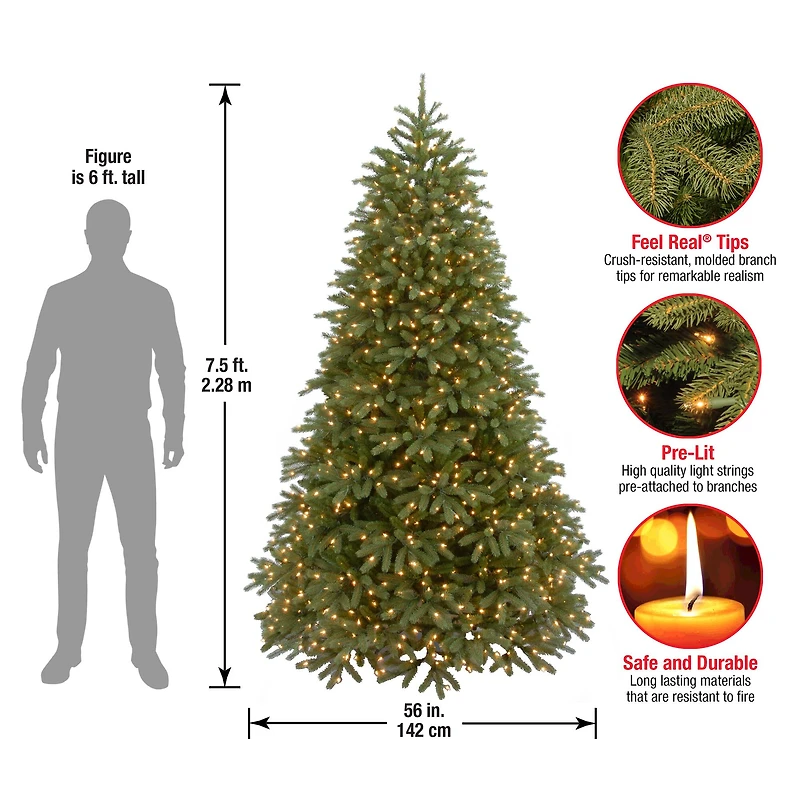 7.5 ft. Pre-Lit Feel Real® Jersey Fraser Fir Medium Hinged Artificial Christmas Tree, Clear Lights