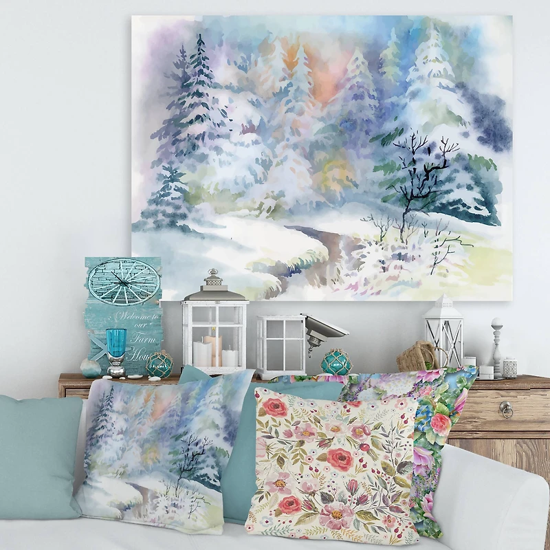 Designart - Winter Landscape With Snowy River I - Traditional Canvas Wall Art Print