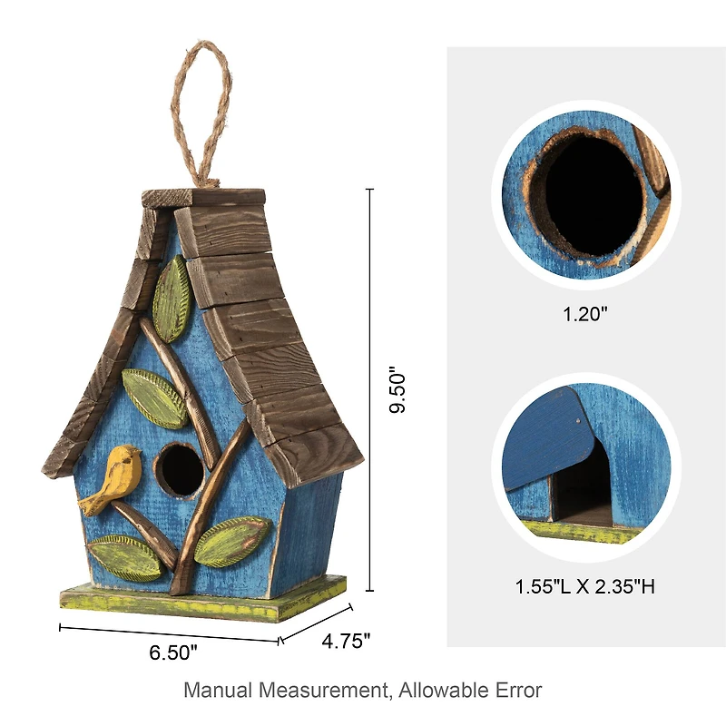 Glitzhome® 12.5" Distressed Wood Birdhouse with Leaves