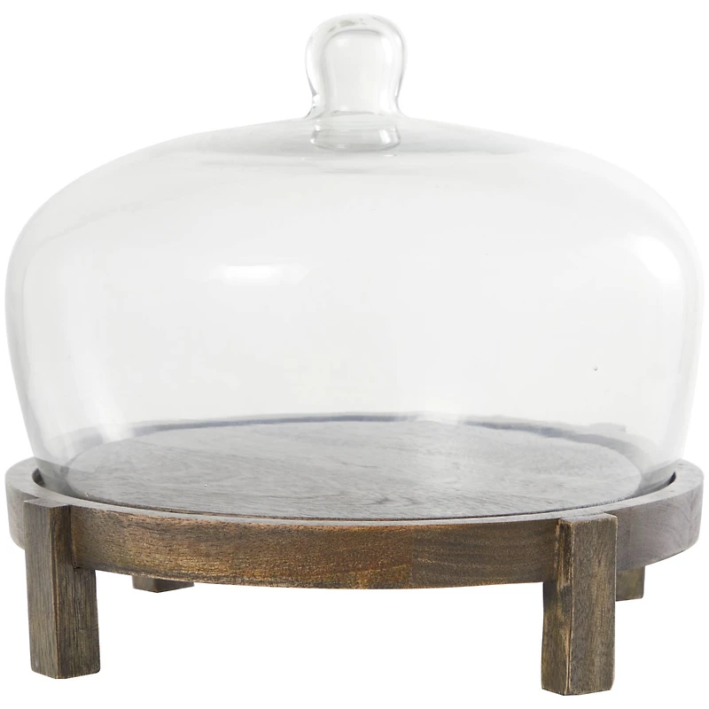 12.5" Dark Brown Mango Wood Cake Stand with Glass Cloche