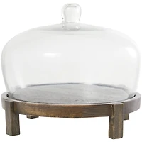 12.5" Dark Brown Mango Wood Cake Stand with Glass Cloche