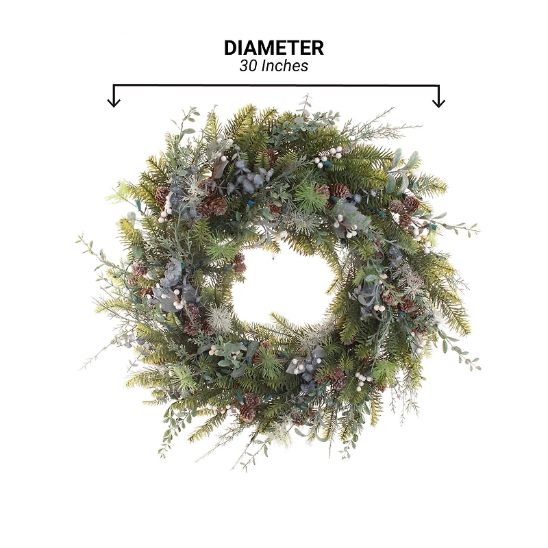 Village Lighting 30" Pre-Lit Rustic White Berry Christmas Wreath, Clear LED Lights