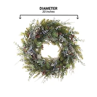 Village Lighting 30" Pre-Lit Rustic White Berry Christmas Wreath, Clear LED Lights