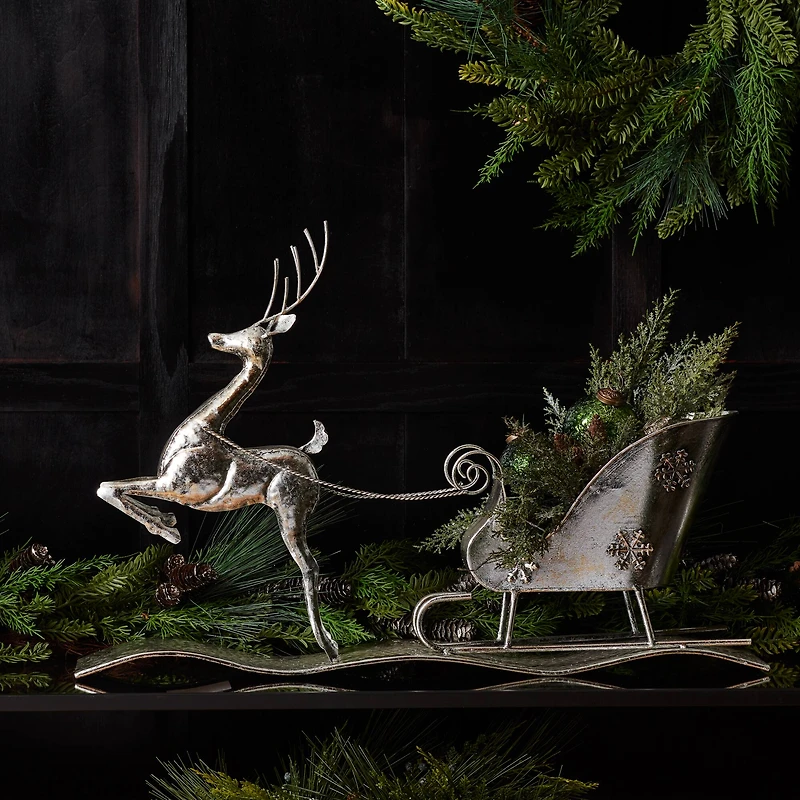 2ft. Hammered Metal Reindeer with Sleigh