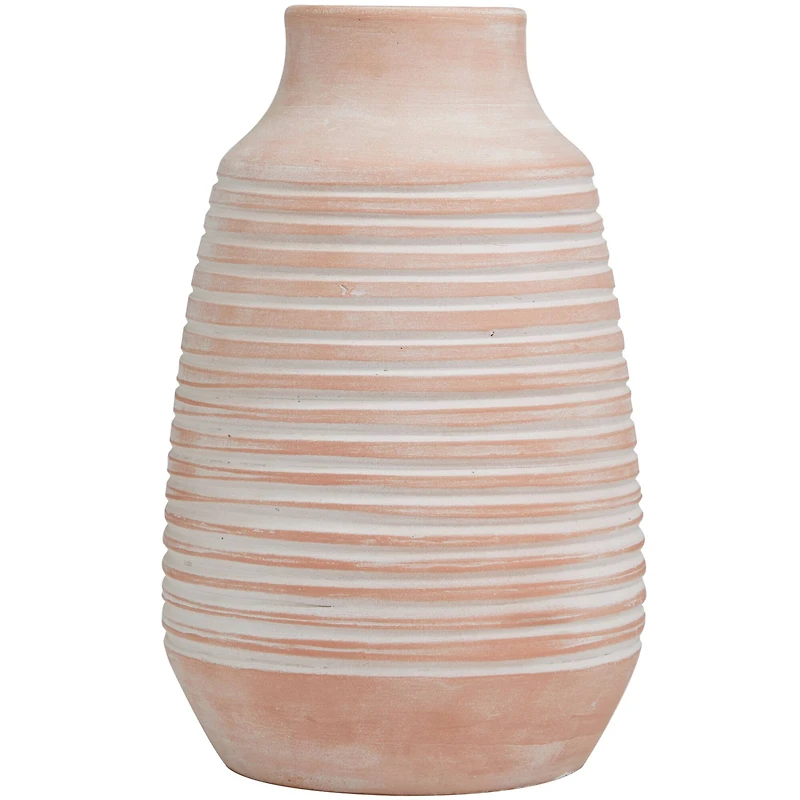 15" Pink Whitewashed Ribbed Terra Cotta Vase