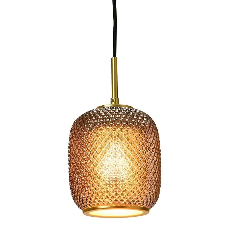 Hello Honey® Smoked Embossed Glass Shade Pendant Lamp with Brass Accents