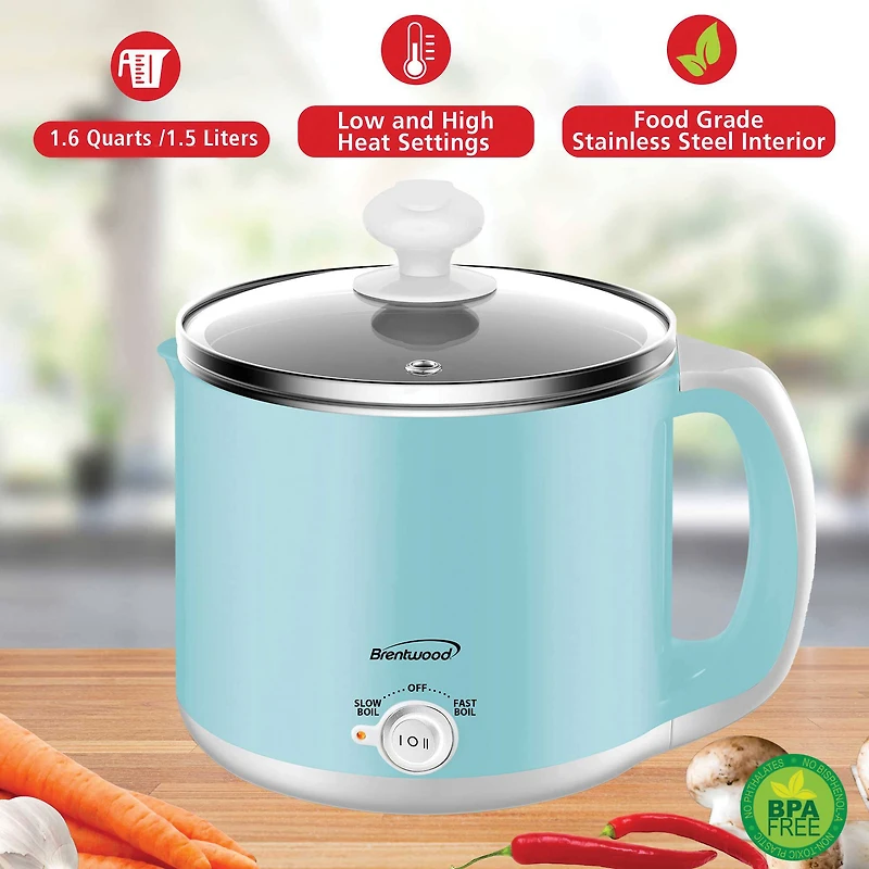 Brentwood Blue 1.6qt. 600 Watt Stainless Steel Electric Hot Pot Cooker & Food Steamer