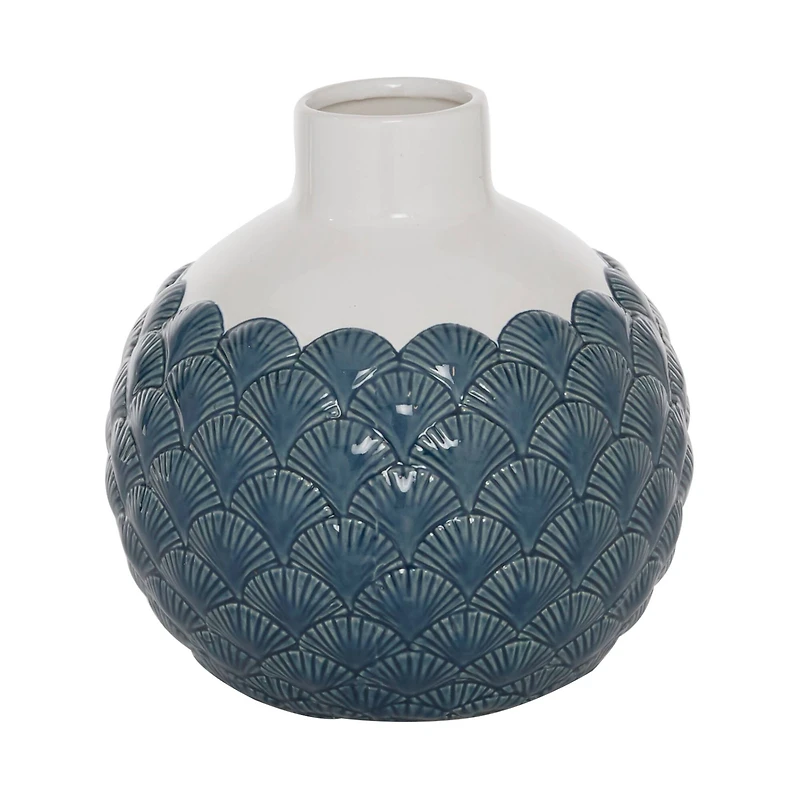 Blue Ceramic Coastal Vase, 9" x 8" x 8"