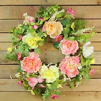 22" Pink & Yellow Rose & Peony Floral Artificial Spring Wreath