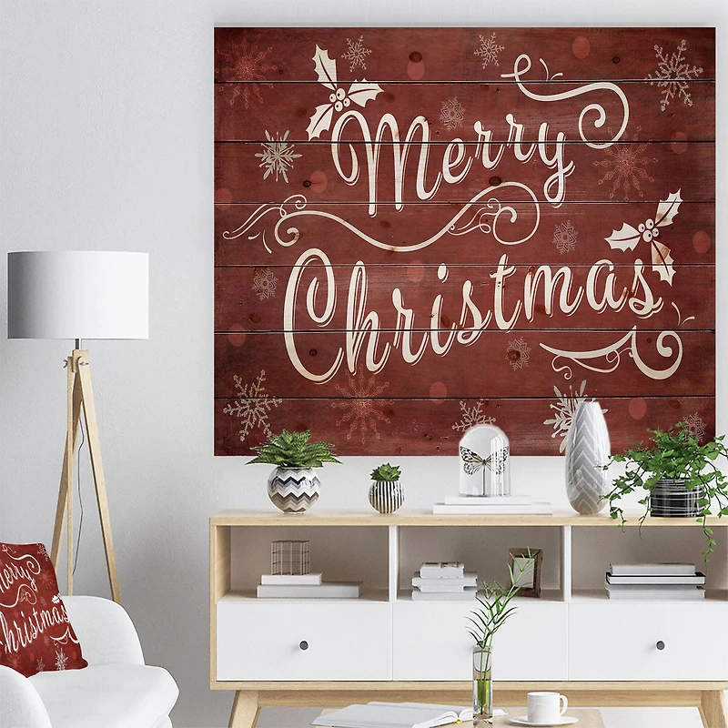 Designart Merry Christmas on Red Print on Natural Pine Wood