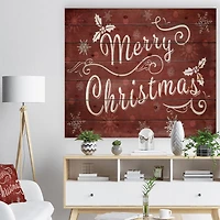 Designart Merry Christmas on Red Print on Natural Pine Wood