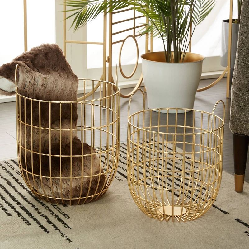 Set of 2 Gold Iron Contemporary Storage Baskets, 17" x 11" x 11"