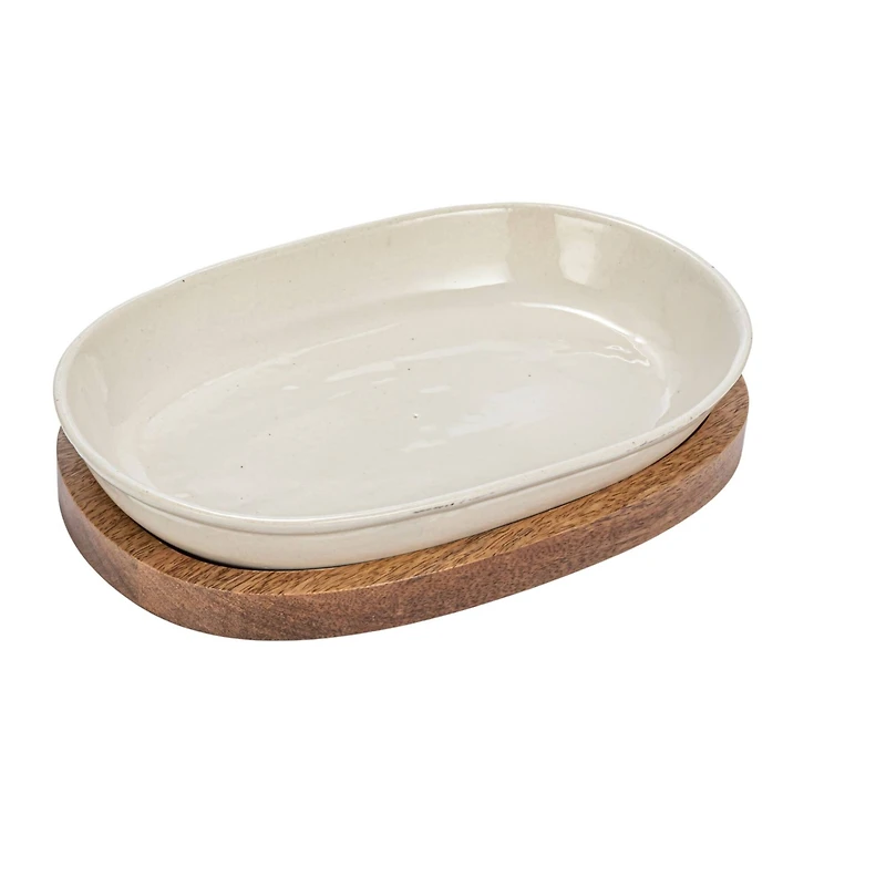 Hello Honey® 13" Cream Stoneware Serving Dish with Natural Mango Wood Base