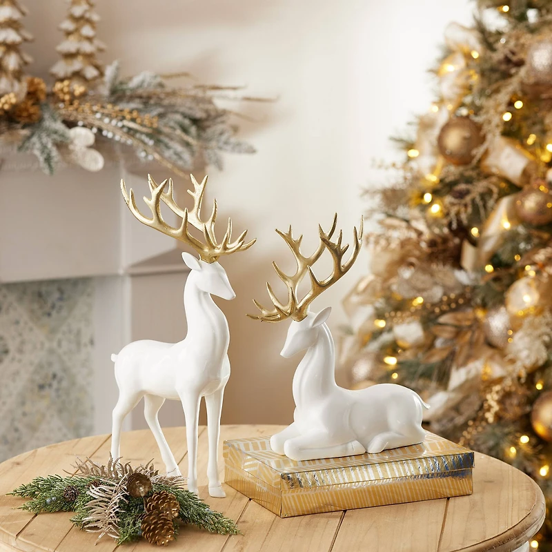 Gold and White Antler Modern Holiday Deer Decor, Set of 2