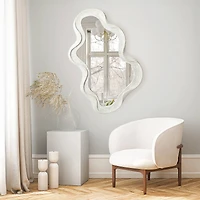Glitzhome® 31.75" Washed White Wood Frame Wavy Wall Mirror