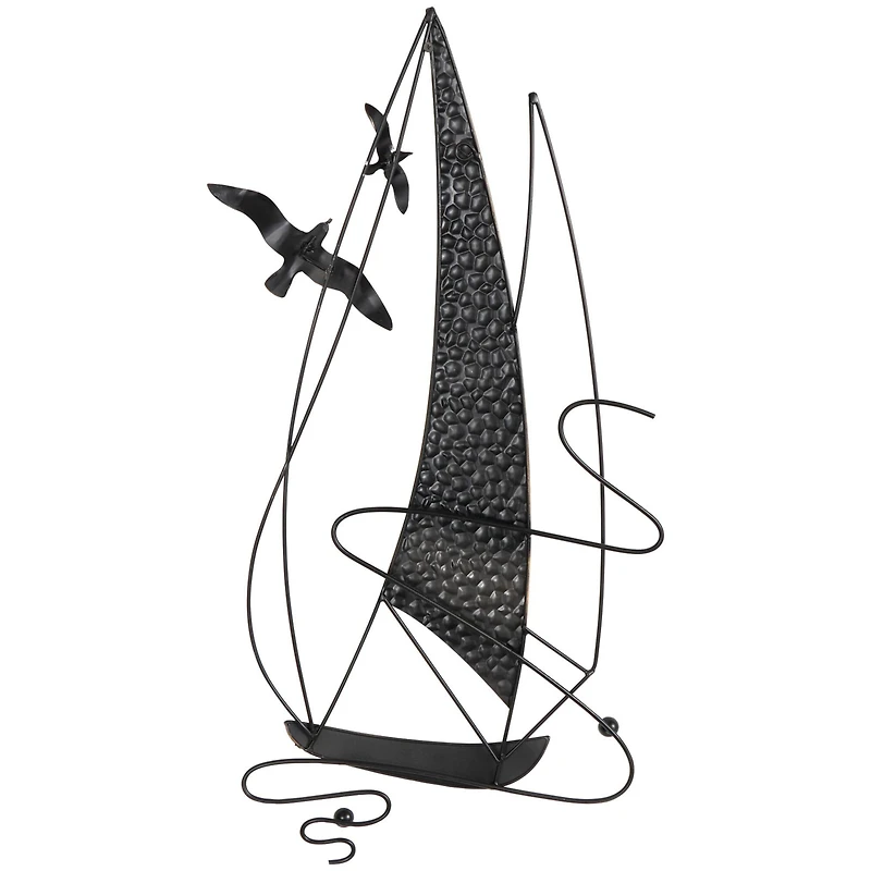 Blue Metal Sailboat Wall Decor with Black Wire Frame and White Bird Accents