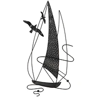 Blue Metal Sailboat Wall Decor with Black Wire Frame and White Bird Accents