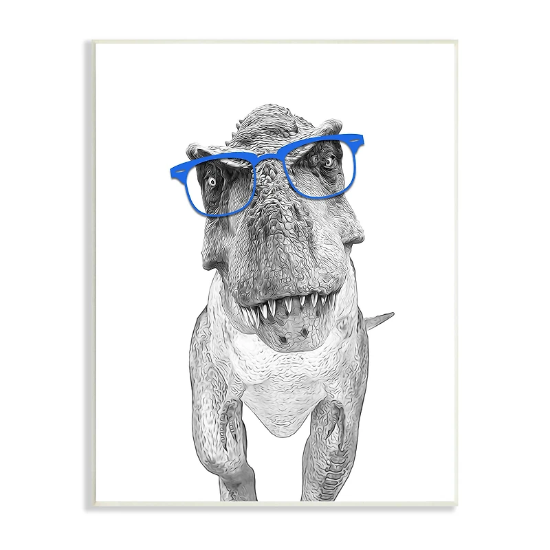 Stupell Industries Adorable T-Rex Dinosaur Blue Glasses Illustration Wall Plaque Art