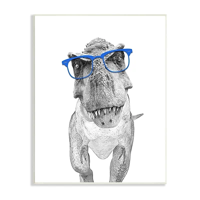 Stupell Industries Adorable T-Rex Dinosaur Blue Glasses Illustration Wall Plaque Art