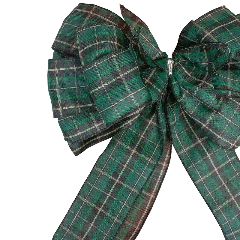 50" Green and Black Plaid 16 Loop Christmas Bow Decoration