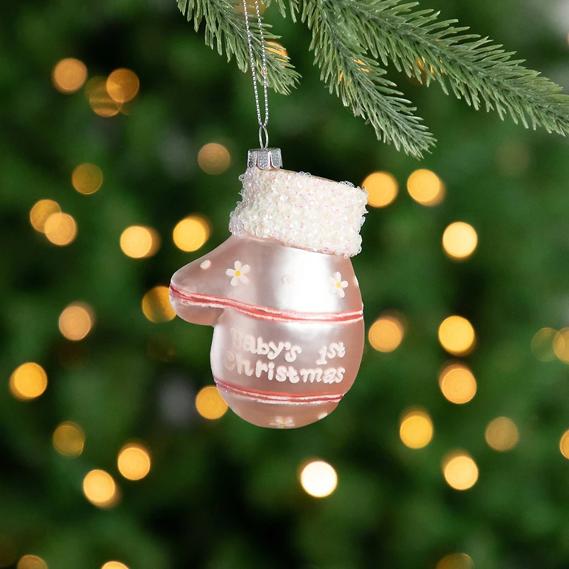 Baby's 1st Christmas Pink Mitten Glass Ornament