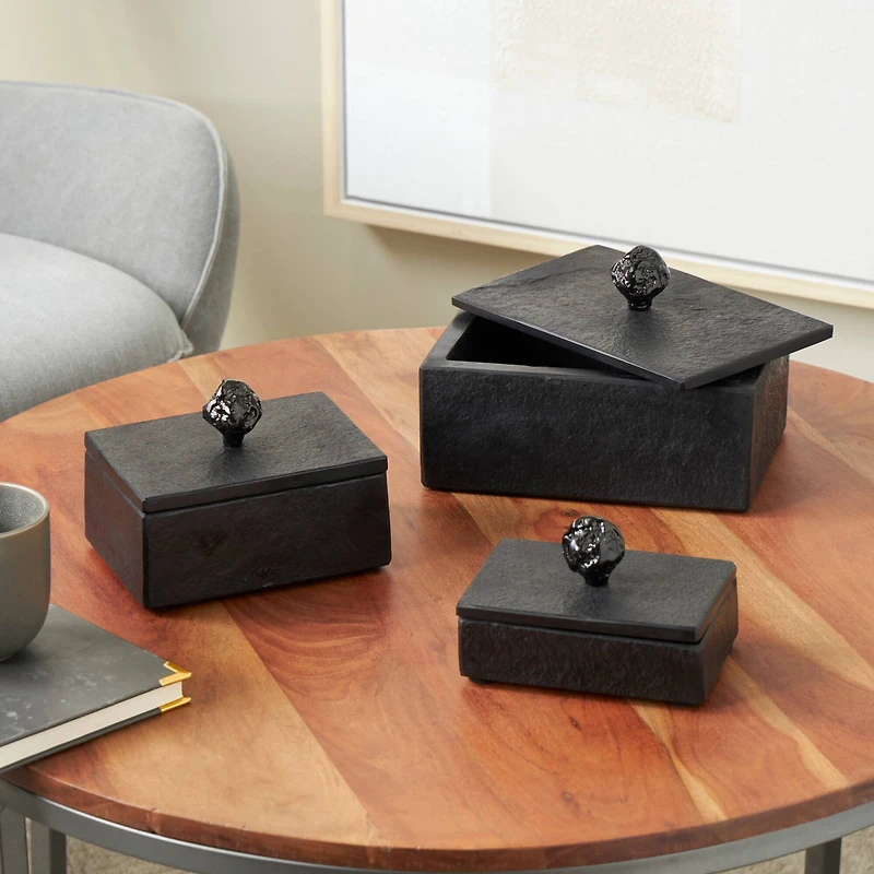 Black Textured Decorative Box Set with Knobs