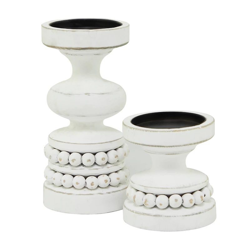 The Novogratz White Wood Beaded Pillar Candle Holder Set