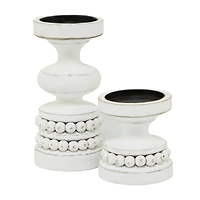 The Novogratz White Wood Beaded Pillar Candle Holder Set