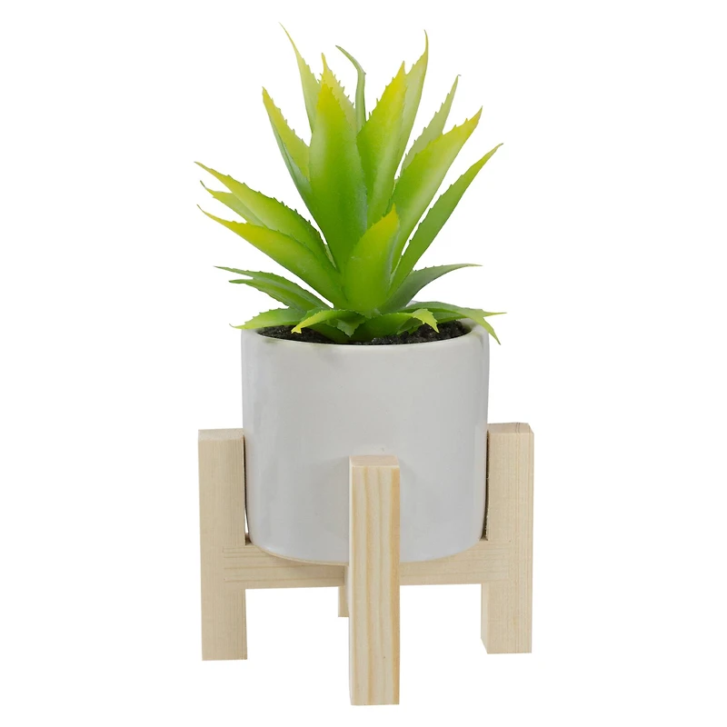 8.25" Potted Green Agave Plant with Wooden Stand
