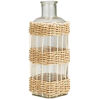 13" Clear Glass Handmade Vase with Light Brown Rattan Woven Body