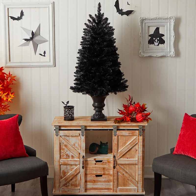 4ft. Black Artificial Halloween Tree in Urn, Orange LED Lights