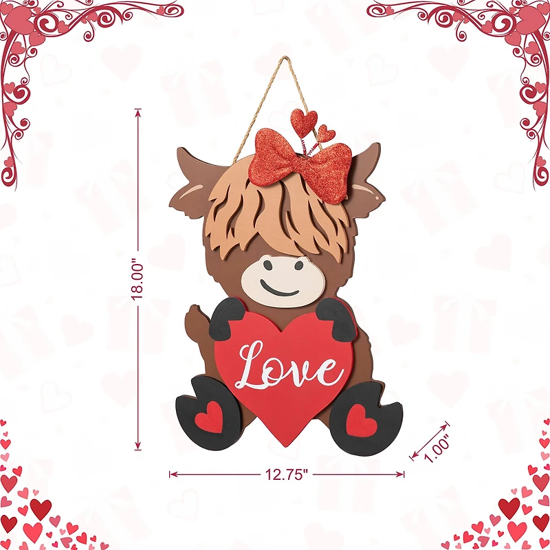 Glitzhome® 18" Valentine's Wooden Highland Cow Door Hanger