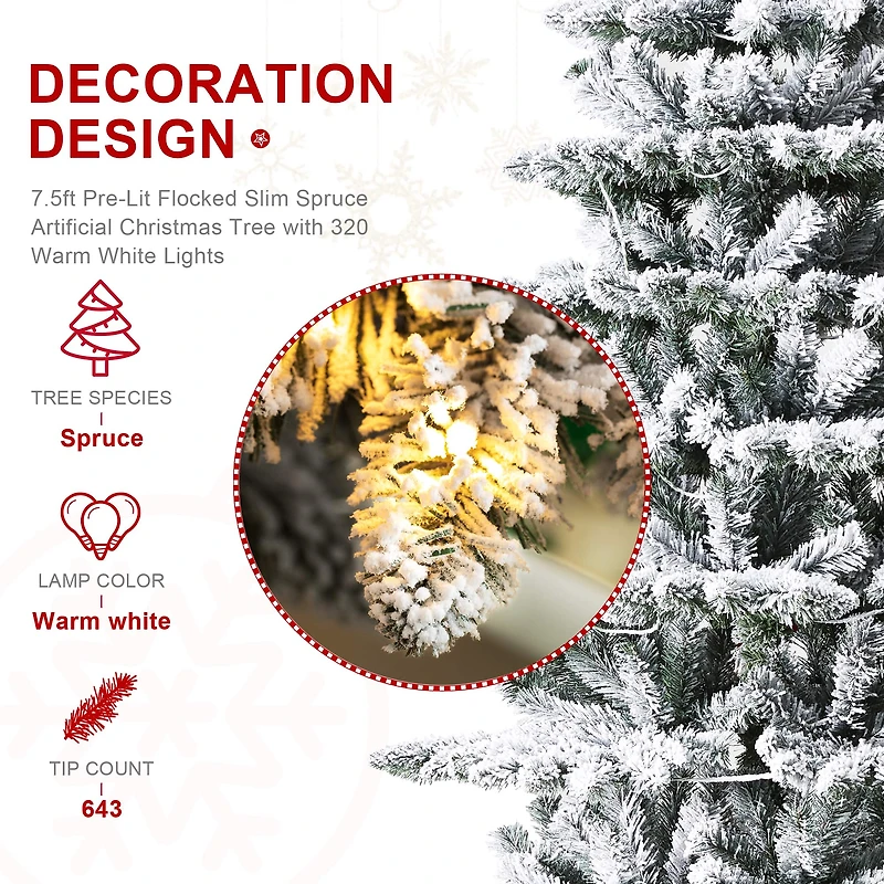 7.5ft. Pre-Lit Flocked Slim Spruce Artificial Christmas Tree, Warm White LED Lights