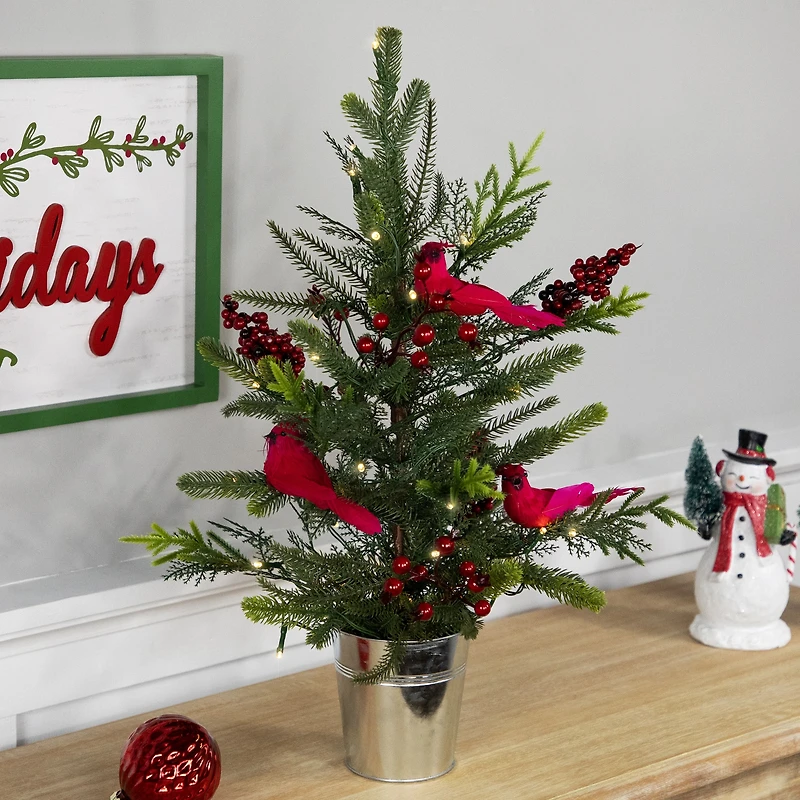 2ft. Pre-Lit Potted Mixed Pine, Berry & Cardinals Christmas Tree, Warm White LED Lights