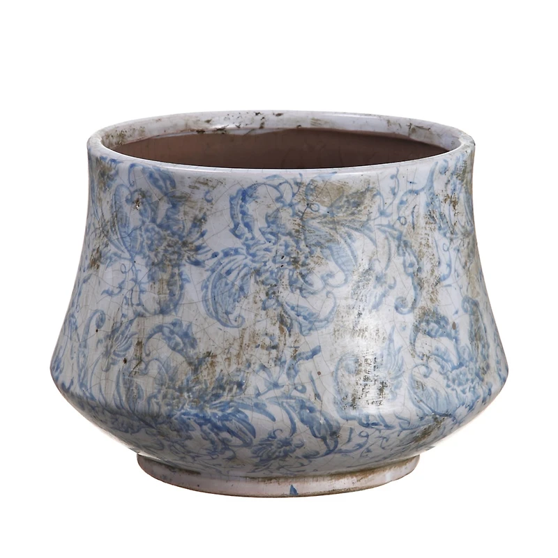 8.7" Blue & White Distressed Floral Terra Cotta Pot