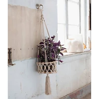 Hello Honey® 33.5" Natural Handwoven Cotton Macramé & Rattan Plant Hanger with Wood Beads