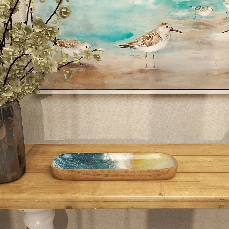16.25" Brown Mango Wood Handmade Ocean inspired Decorative Tray