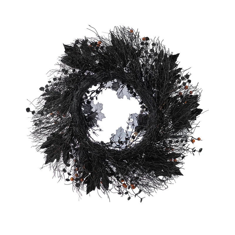 Glitzhome® 24"D Halloween Black Rose, Skeleton and Berry Wreath with Hanger