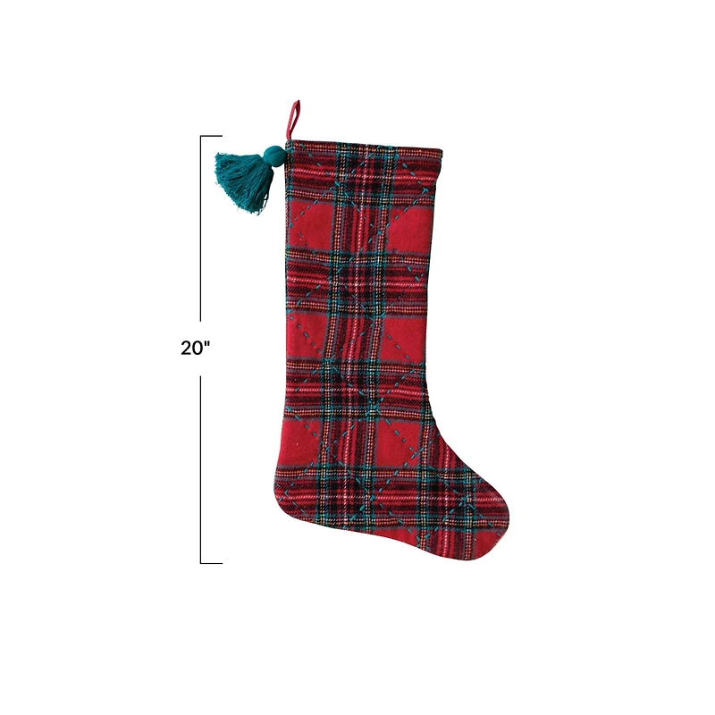 Hello Honey® 20" Red & Green Plaid Brushed Cotton Flannel Quilted Stocking with Tassel