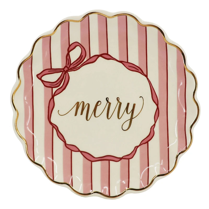 8" Pink & White Merry Ceramic Plate by Ashland®