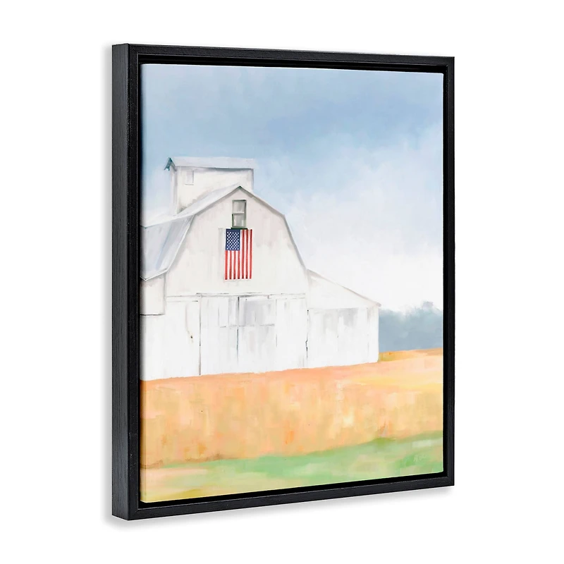 Stupell Industries American Flag White Country Barn Rural Scenery Floater Framed Art