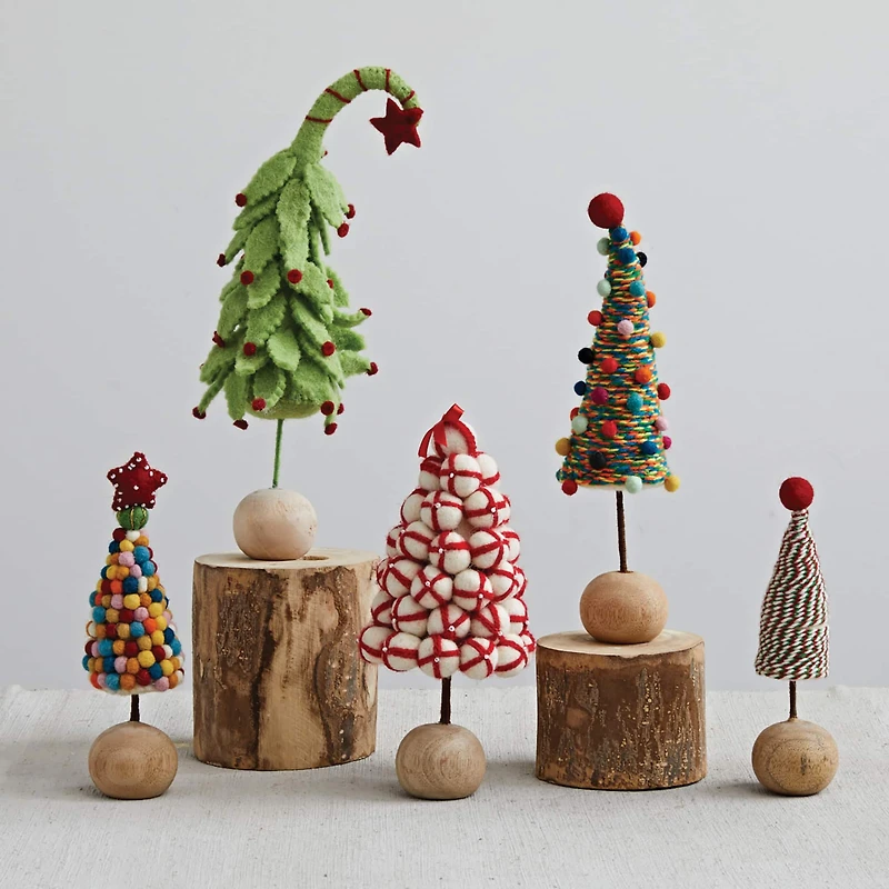Hello Honey® 9" Cream & Red Beaded Handmade Wool Felt Pom Pom Tree with Wood Ball Base