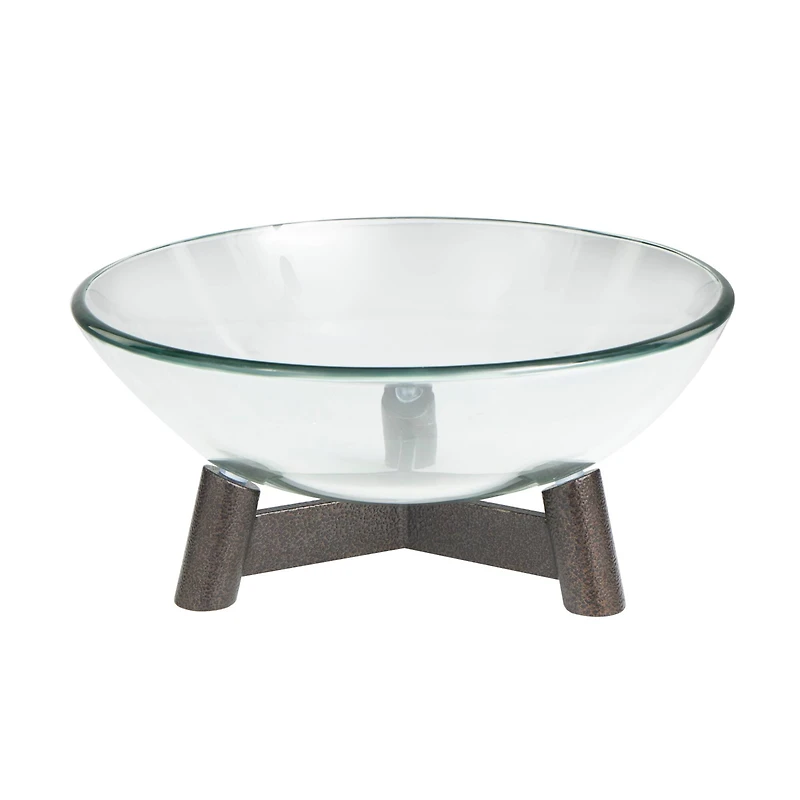 9" Clear Glass Serving Bowl with Bronze Hammered Y-Shaped Stand