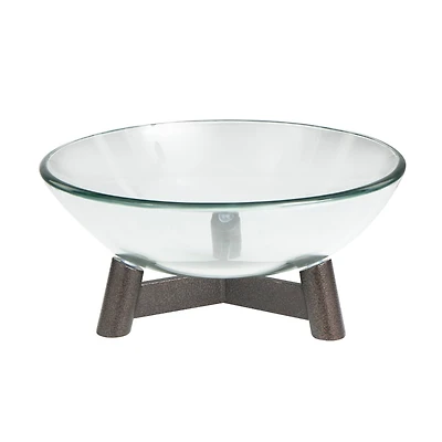 9" Clear Glass Serving Bowl with Bronze Hammered Y-Shaped Stand