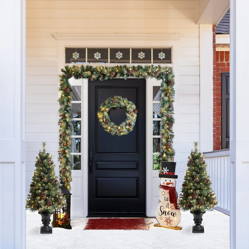 5-Piece Pre-Lit Glittered Pinecone Christmas Wreath, Garland & Flocked Christmas Tree, Warm White Lights