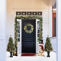 5-Piece Pre-Lit Glittered Pinecone Christmas Wreath, Garland & Flocked Christmas Tree, Warm White Lights