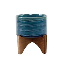 Flora Bunda® 5" Glass Teal Arrow Ceramic Planter on Wood Stand