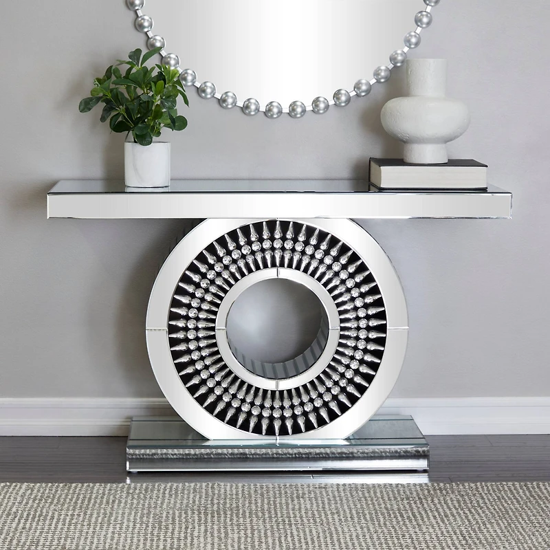 Silver Wood Mirrored Crystal Console Table 47" x 16" x 30"