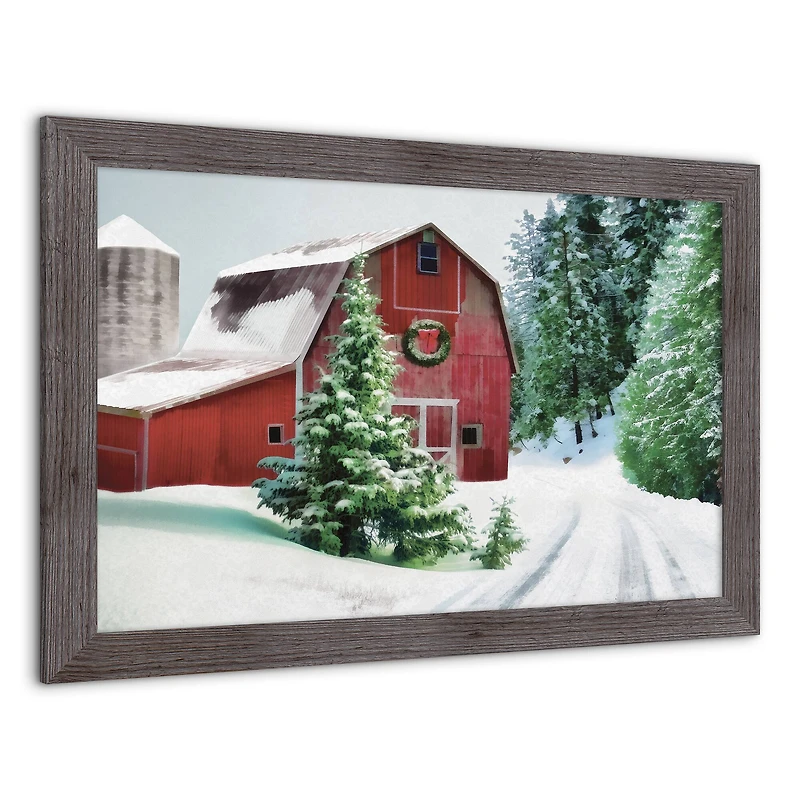 Designs Direct 30" x 20" Snowy Red Barn Western Gray Framed Print