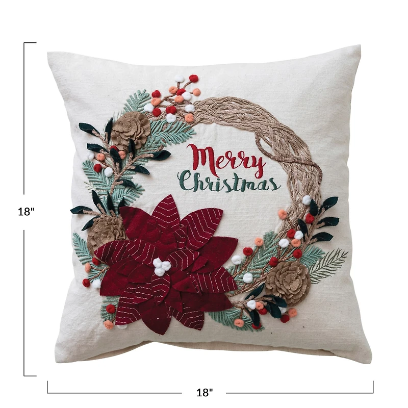 Hello Honey® 18" Merry Christmas Embroidered Applique Wreath Cotton Pillow